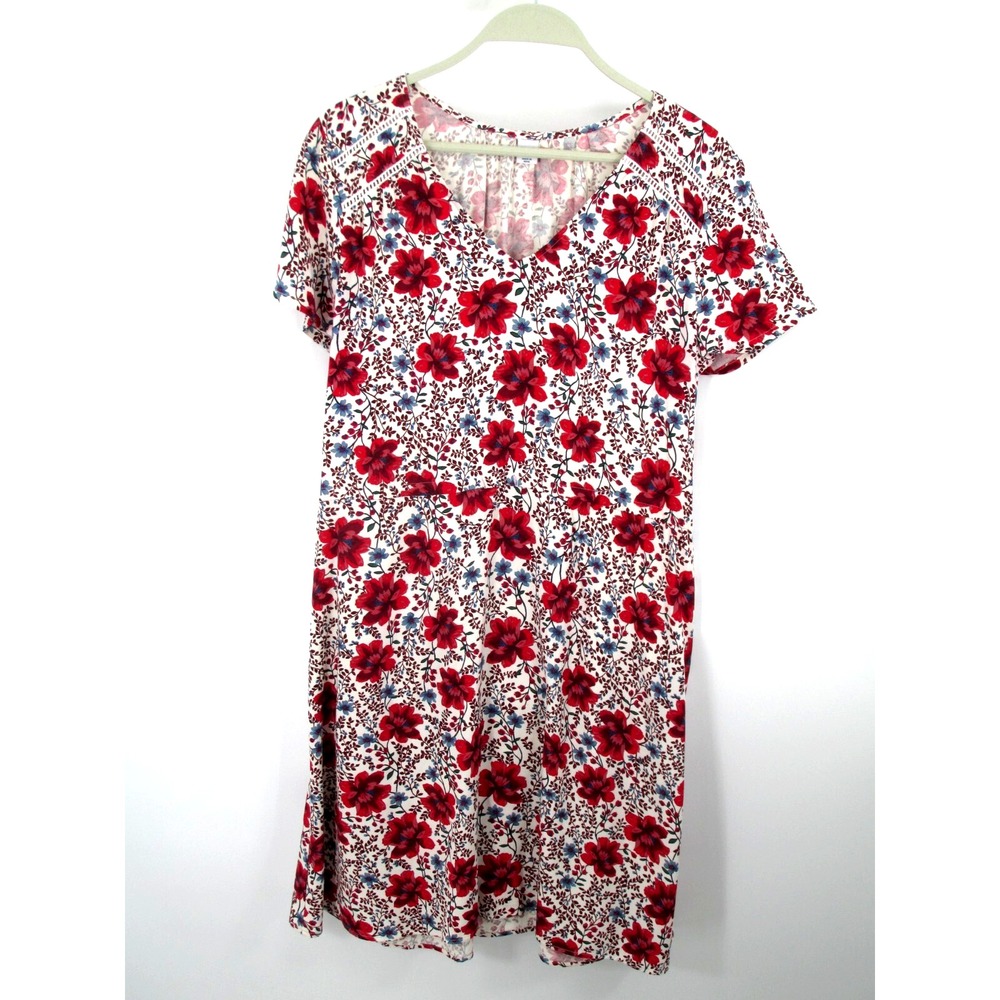Old Navy Floral Midi Shift Dress Womens Small Red White Boho V-Neck Short Sleeve